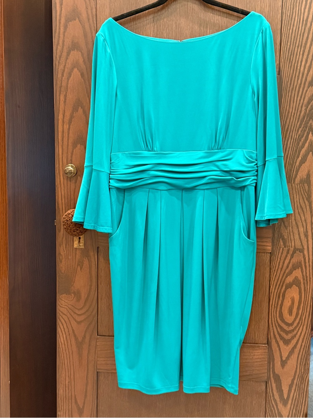 Eliza J Teal Waist-Pleated Long Sleeve Midi Dress
